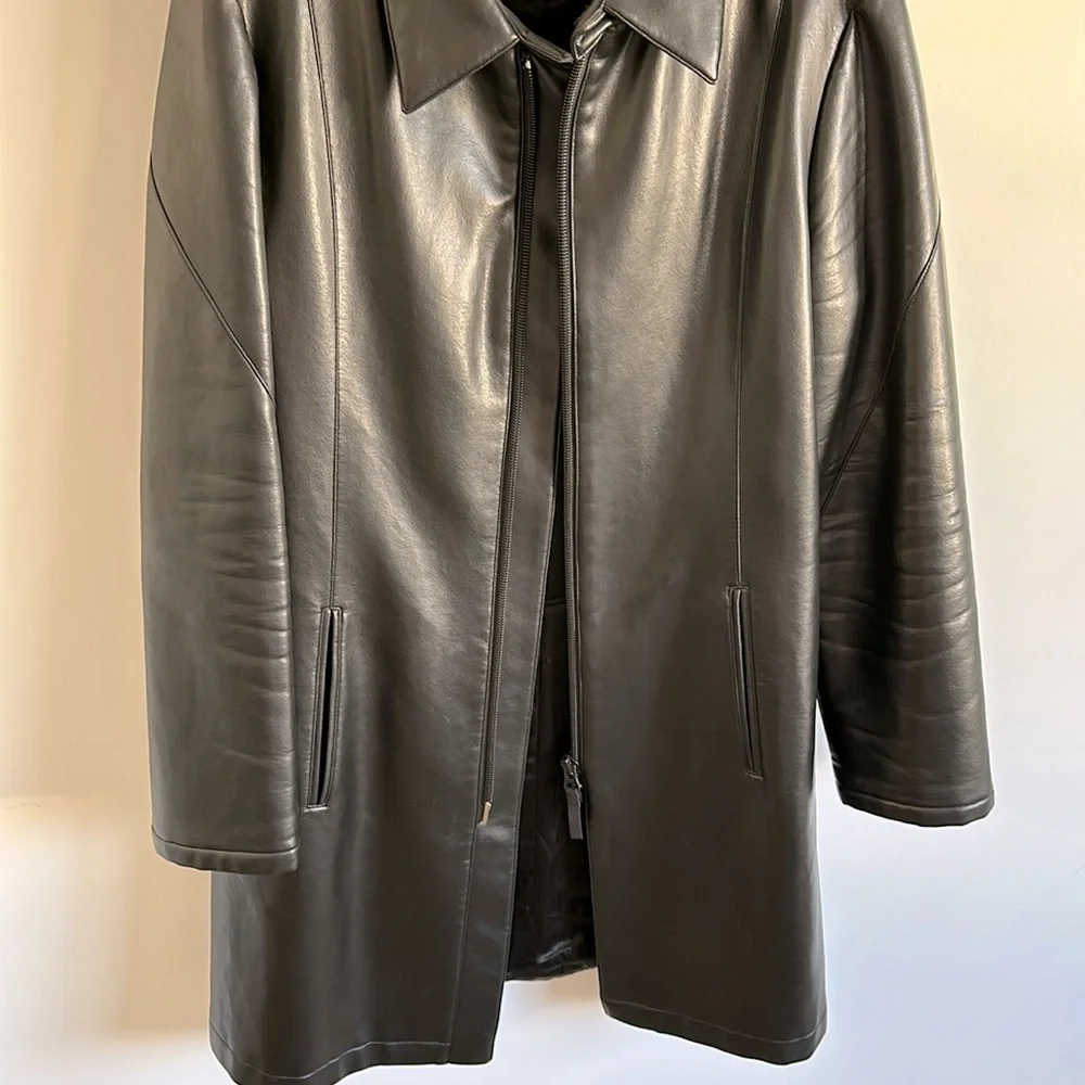 Emporio Armani Black Faux Leather Coat Zipper Front Size 52 Italian - Picture 3 of 14